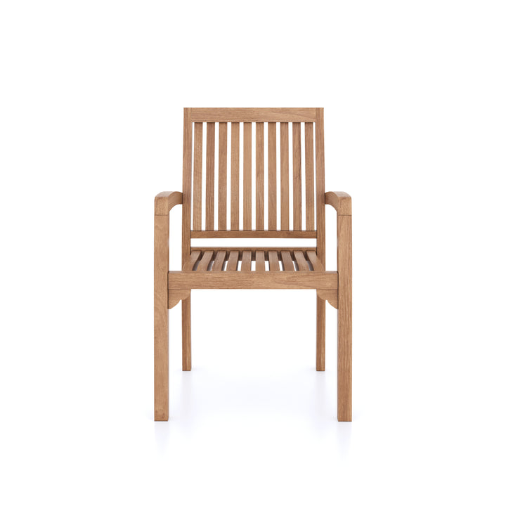 This is Eterna Homes sustainable teak garden furniture outdoor dining chairs, consisting of teak stacking chairs and cushions. Our teak wood is suitable for outdoor dining.