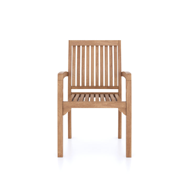 This is Eterna Homes sustainable teak garden furniture outdoor dining chairs, consisting of stacking teak chairs and cushions. Our teak wood is suitable for outdoor dining.