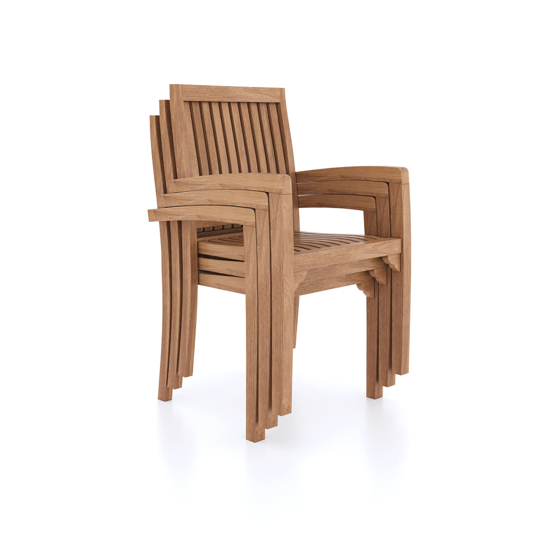 This is Eterna Homes sustainable teak garden furniture outdoor dining chairs, consisting of stacking teak chairs and cushions. Our teak wood is suitable for outdoor dining.