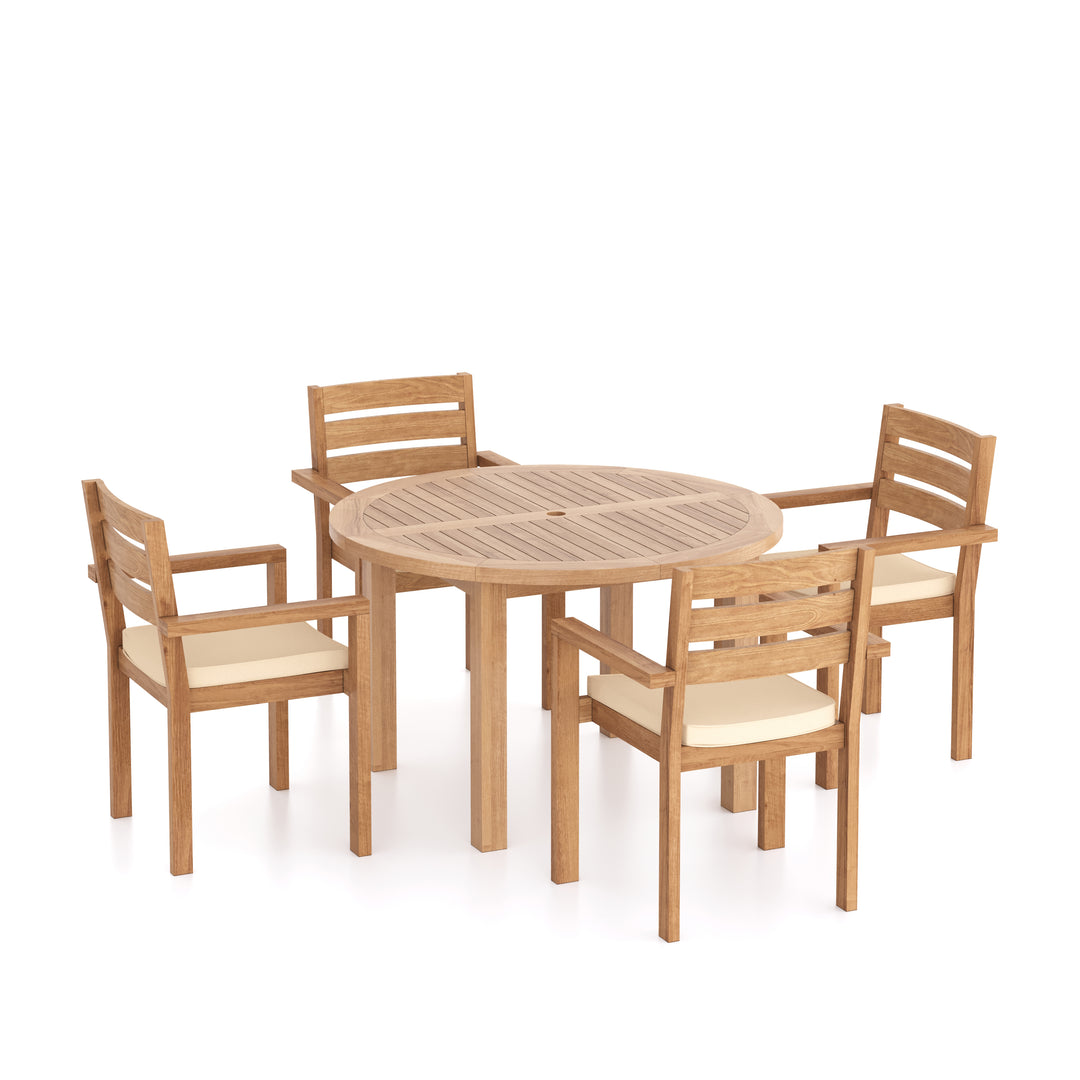 Eden Teak Set 120cm Maximus Round Fixed Table, 4cm Top (4 x Marlow Stacking Chairs) Cushions included.