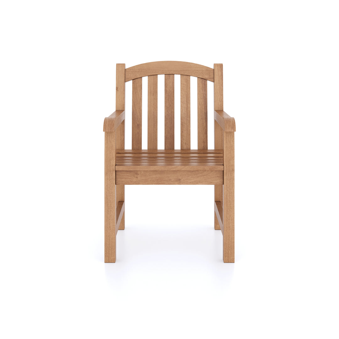 This is Eterna Homes sustainable teak garden furniture outdoor dining chairs, consisting of strong teak stacking chairs and cushions. All of our teak wood is suitable for outdoor dining. 