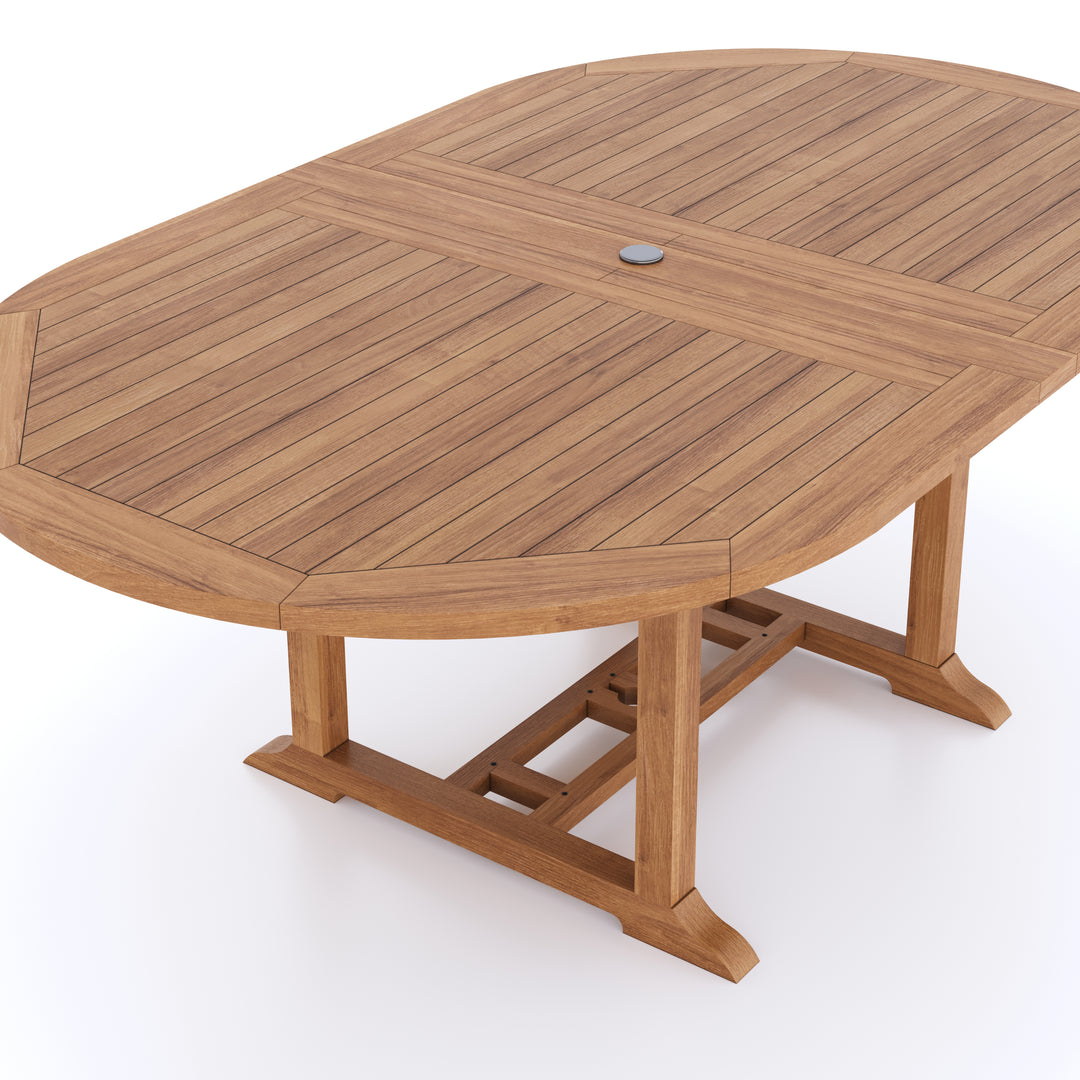 This is Eterna Homes sustainable teak garden furniture outdoor dining table, consisting of our 2-3m teak table. Our teak wood is suitable for outdoor dining.
