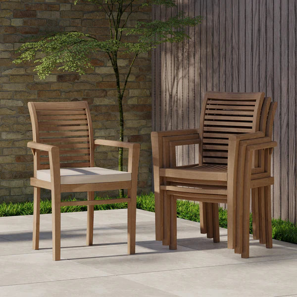 Two Teak Garden Oxford Stacking Chairs with cushions
