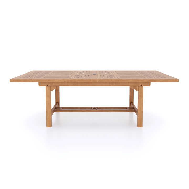 This is Eterna Homes sustainable teak garden furniture outdoor dining table consisting of our 180-240cm teak dining table. All of our teak wood is suitable for outdoor dining.