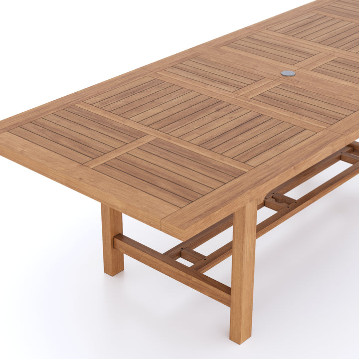 This is Eterna Homes sustainable teak garden furniture outdoor dining table consisting of our 180-240cm teak dining table. All of our teak wood is suitable for outdoor dining.