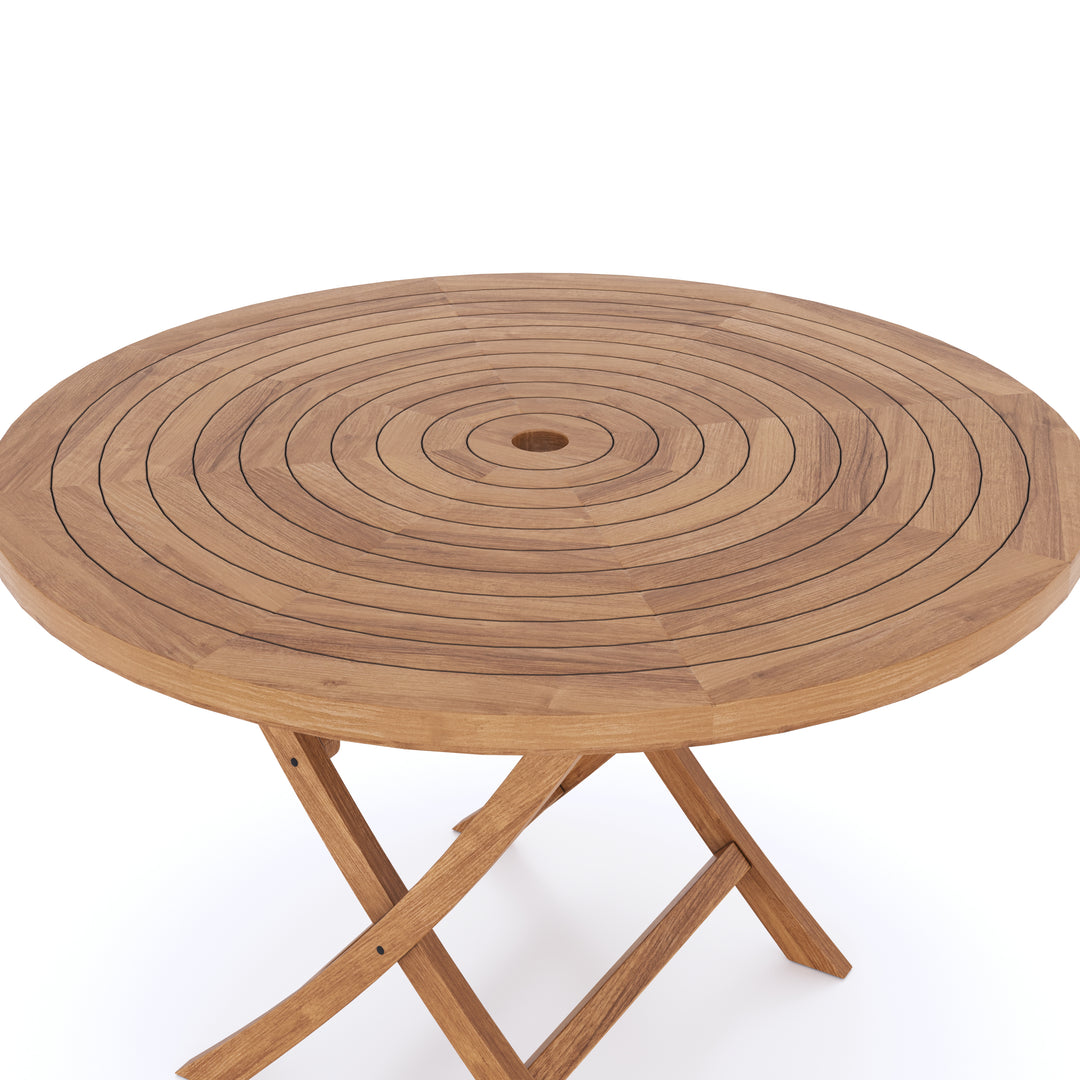This is Eterna Homes sustainable teak garden furniture outdoor dining table, consisting of our 120cm round teak table. Our teak wood is suitable for outdoor dining.