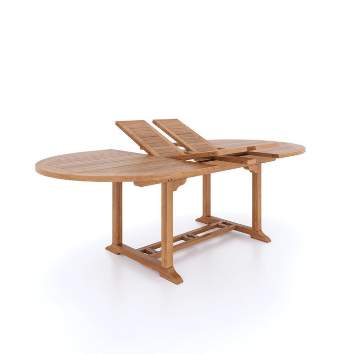 This is Eterna Homes sustainable teak garden furniture outdoor dining table, consisting of our 180-240cm teak table. Our teak wood is suitable for outdoor dining.
