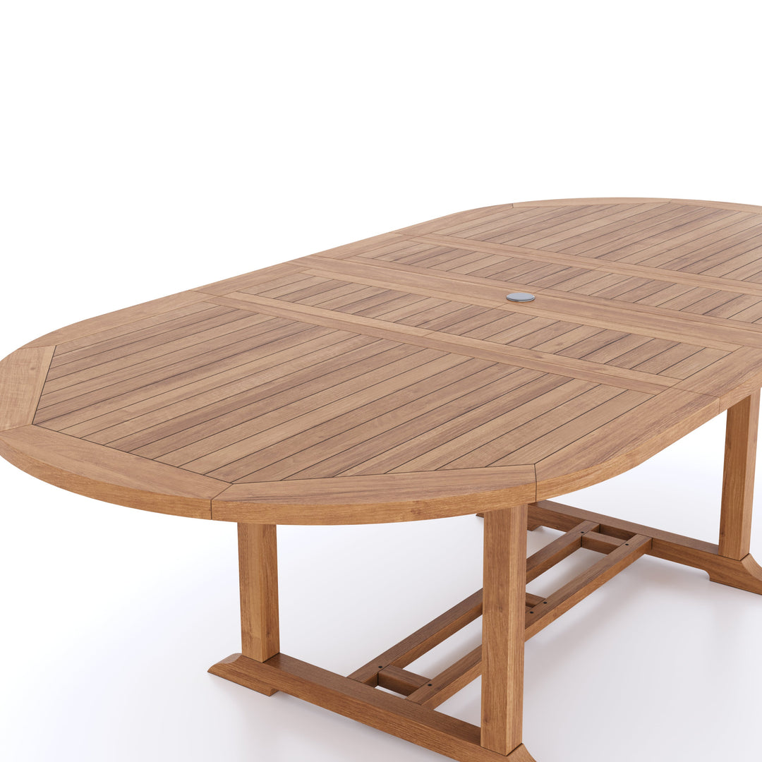 This is Eterna Homes sustainable teak garden furniture outdoor dining table, consisting of our 180-240cm teak table. Our teak wood is suitable for outdoor dining.