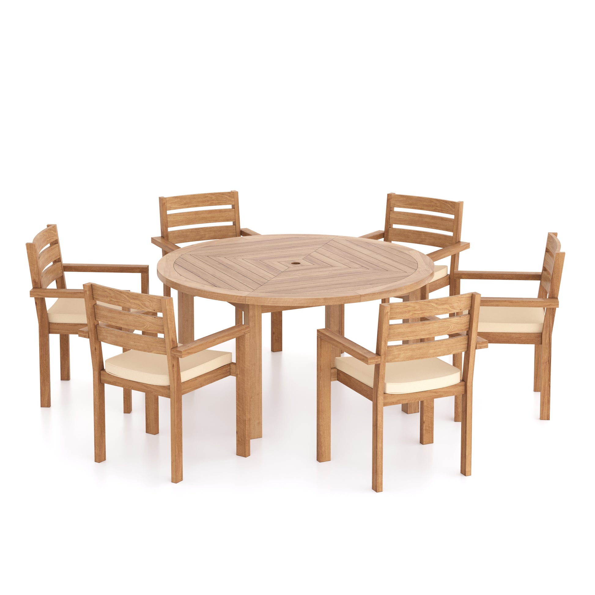 Luxor 150cm Round Teak Table & 6 Marlow Stacking Chairs with Cushions 