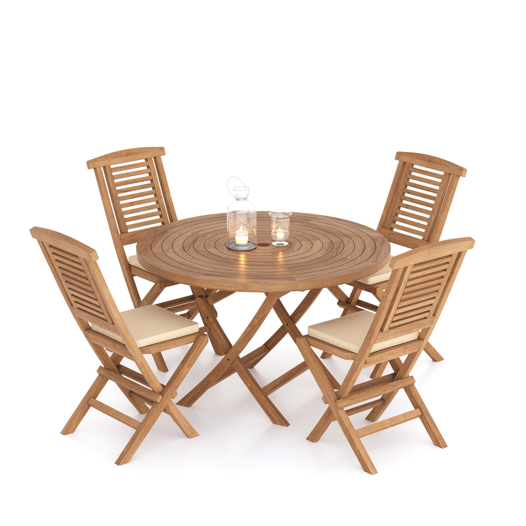 Sora Teak Set 120cm Spiral Folding Table (4 Folding Chairs) Cushions included.