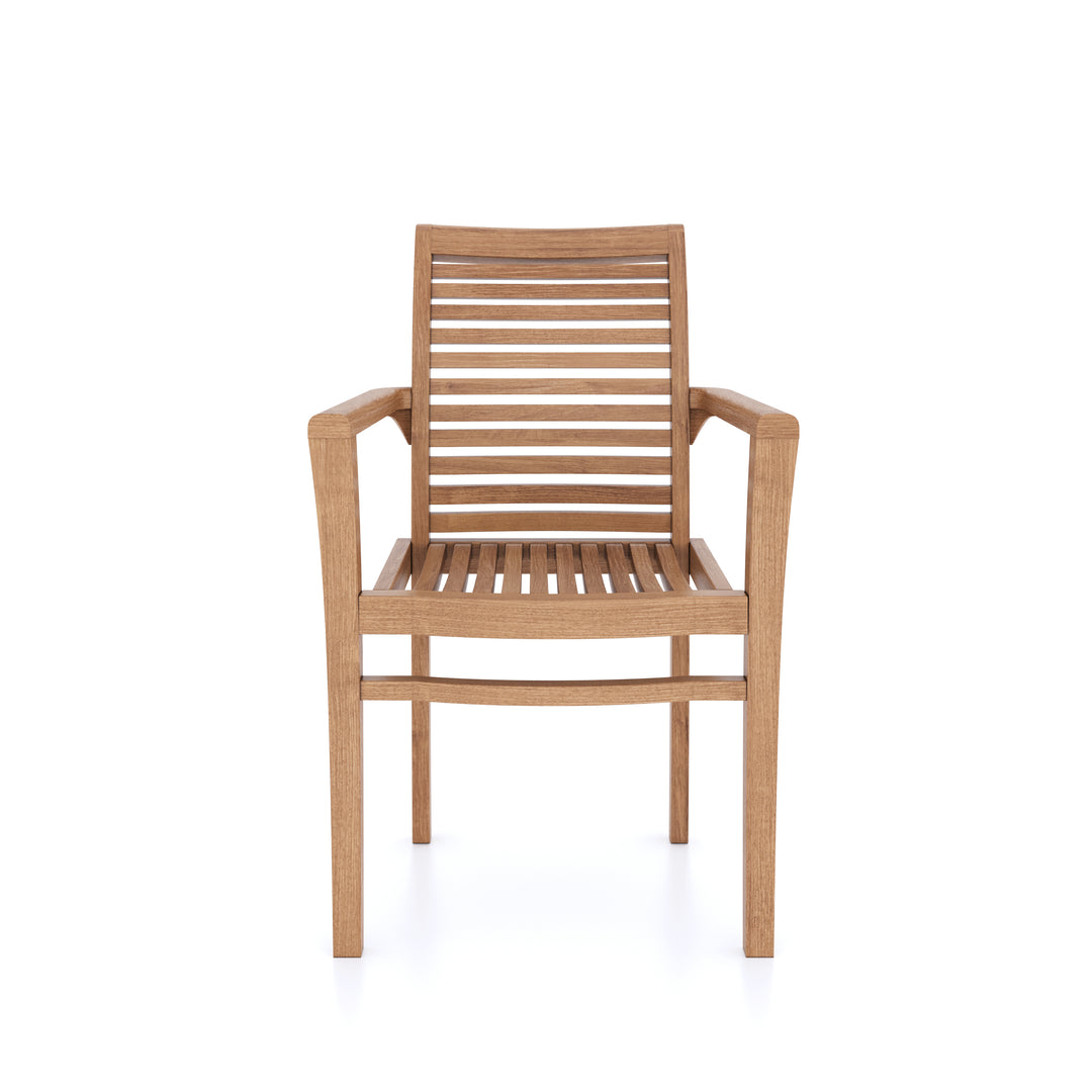 This is Eterna Homes sustainable teak garden furniture outdoor dining chairs, consisting of our teak stacking chairs and cushions. All of our teak wood is suitable for outdoor dining.