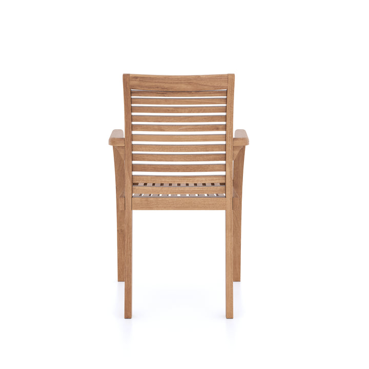 This is Eterna Homes sustainable teak garden furniture outdoor dining chairs, consisting of our teak stacking chairs and cushions. All of our teak wood is suitable for outdoor dining.