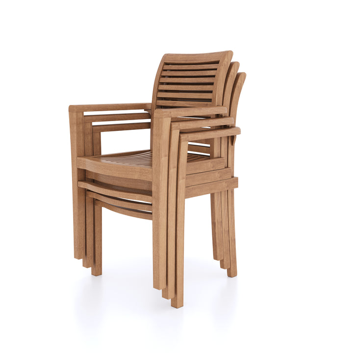 This is Eterna Homes sustainable teak garden furniture outdoor dining chairs, consisting of our teak stacking chairs and cushions. All of our teak wood is suitable for outdoor dining.