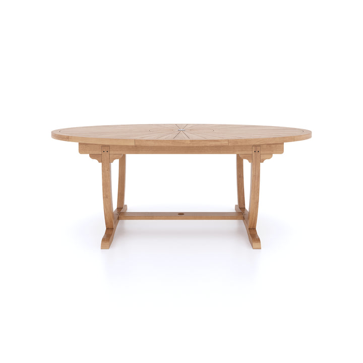 This is Eterna Homes sustainable teak garden furniture outdoor dining table, consisting of our 2m oval teak table. Our teak wood is suitable for outdoor dining.