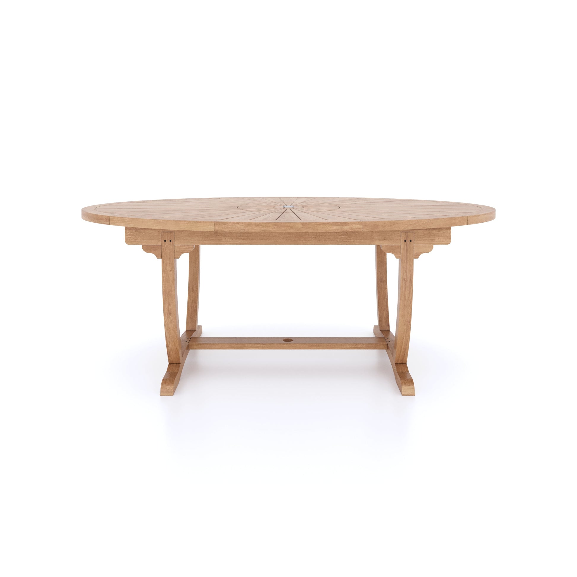 This is Eterna Homes sustainable teak garden furniture outdoor dining table, consisting of our 2m oval teak table. Our teak wood is suitable for outdoor dining.