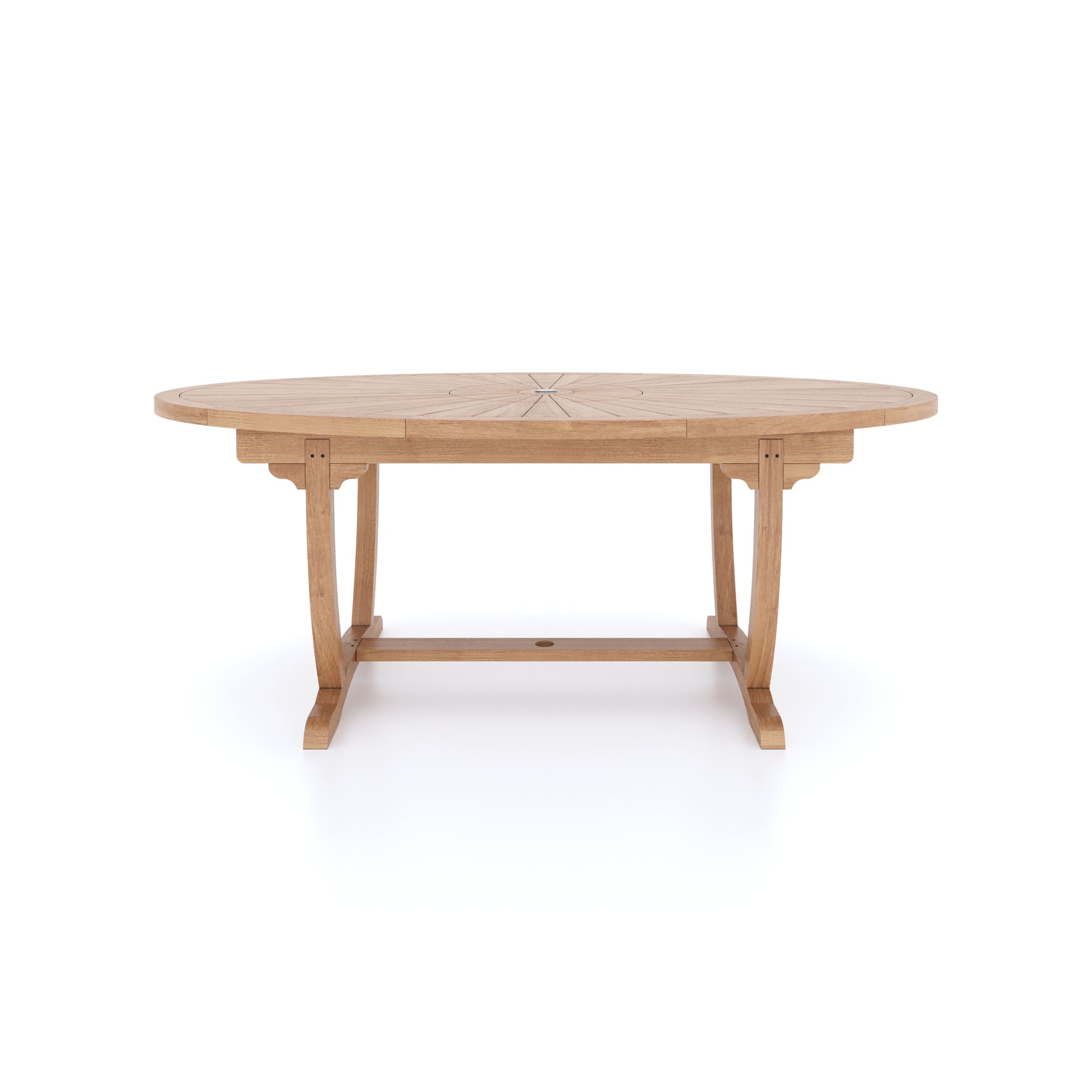 This is Eterna Homes sustainable teak garden furniture outdoor dining table, consisting of our 2m oval teak table. Our teak wood is suitable for outdoor dining.