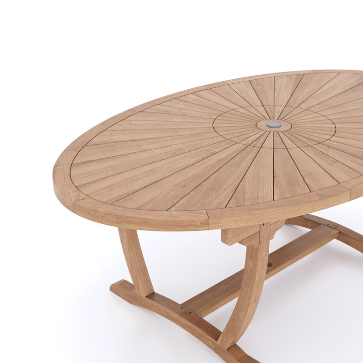 This is Eterna Homes sustainable teak garden furniture outdoor dining table, consisting of our 2m oval teak table. Our teak wood is suitable for outdoor dining.